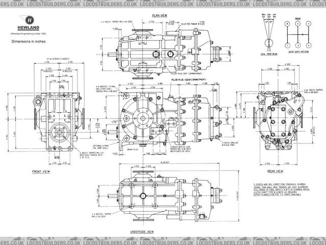 Tecnical drawing and dims for the hewland LD 200 gearbox.